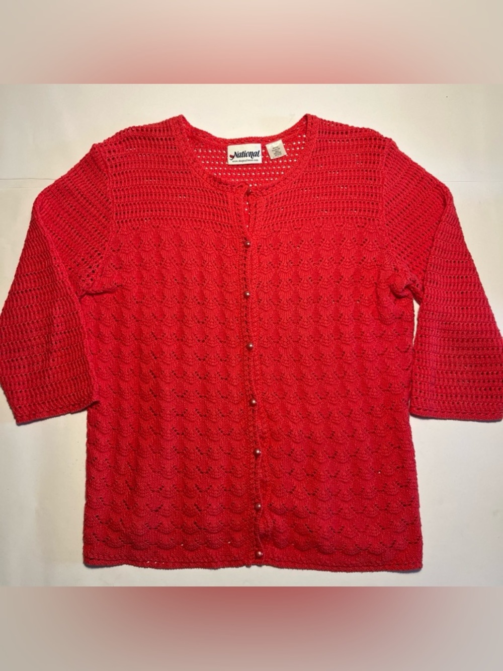 National Vintage Coral Lace Knit Cardigan Size Medium Beautiful Pearl Button